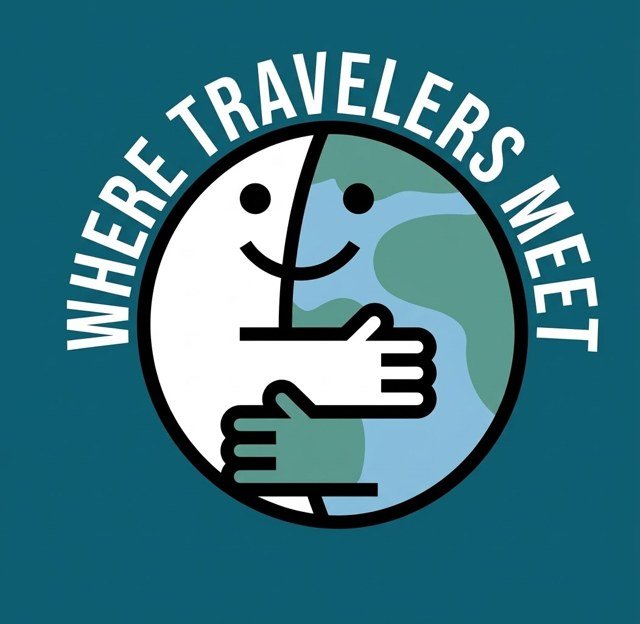 Logotipo de Where Travelers Meet: un mundo sonriente que se abraza